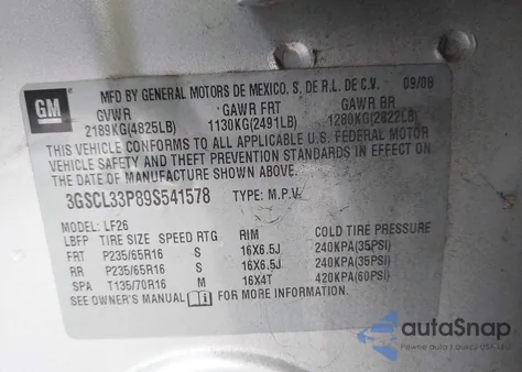 2009 Saturn Vue 4-Cyl Xe from USA, damaged, VIN 3GSCL33P89S541578